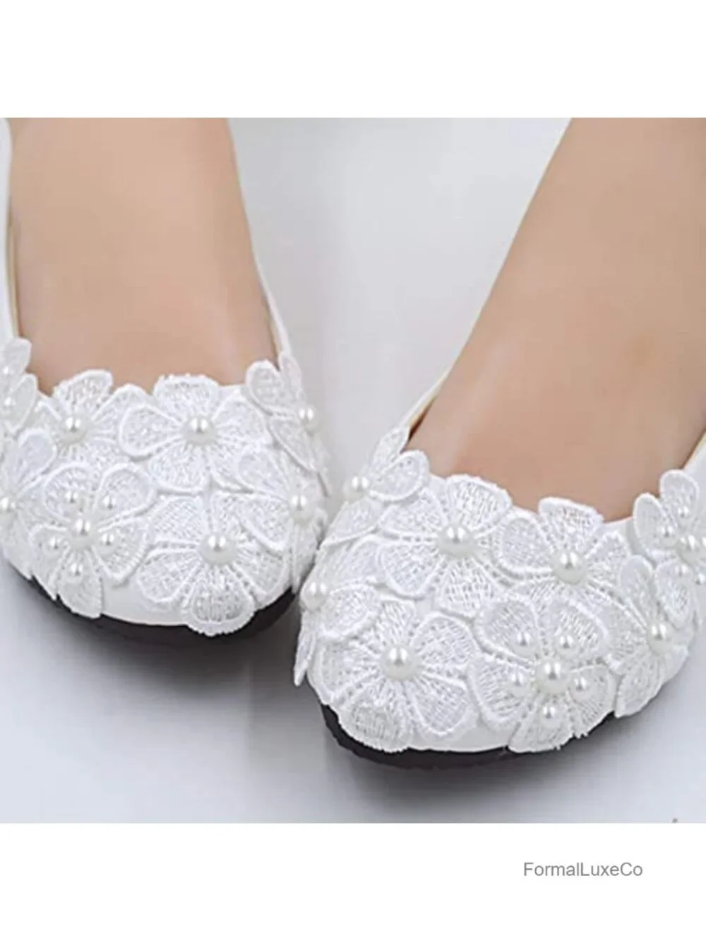 Bridal Flats Lace Flowers Wedding Shoes Ankle Pearl Beads Princess Ballet Flats